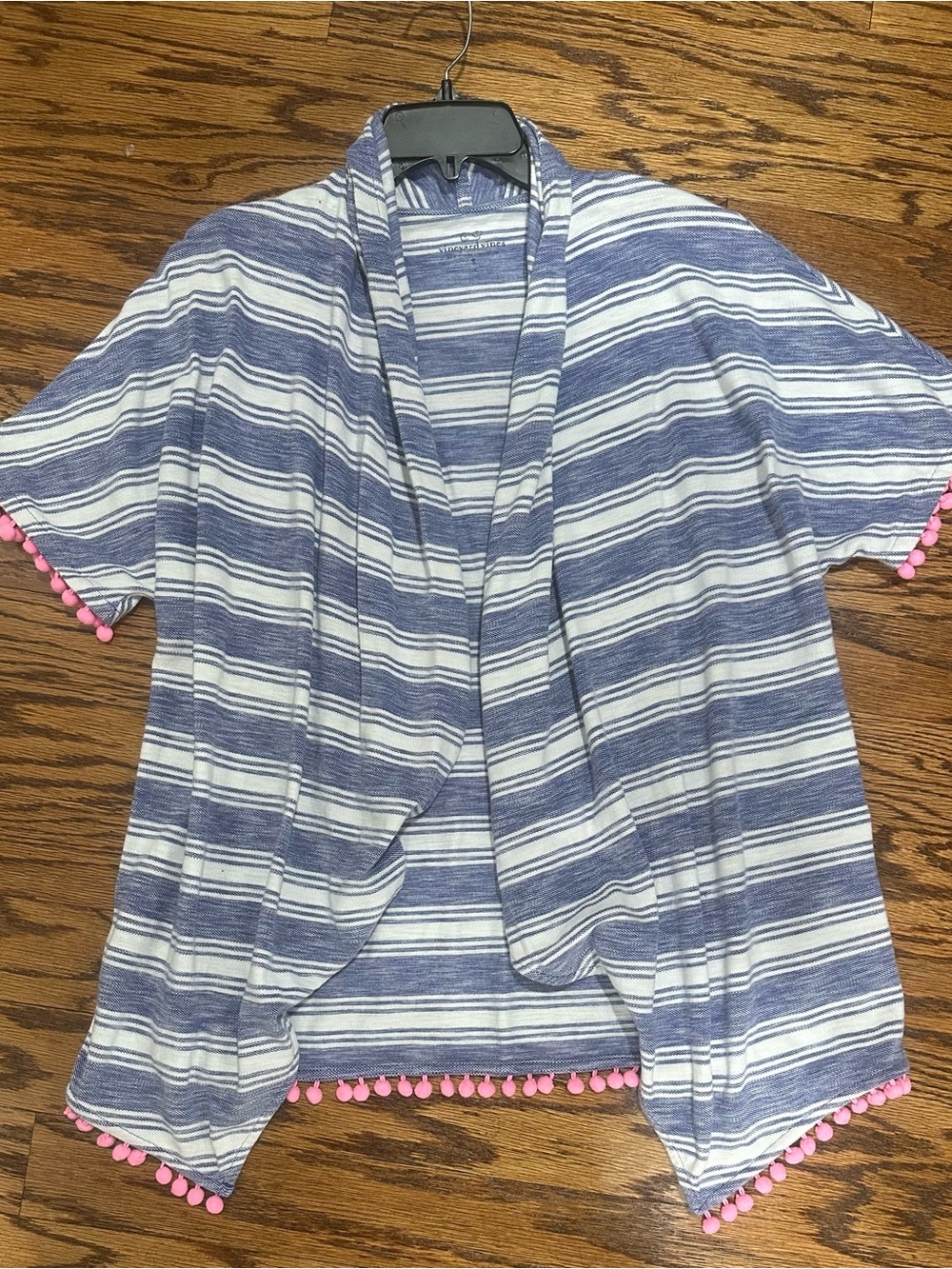 Vineyard Vines Blue & White Striped Open-Front Cardigan with Pink Pom Trim